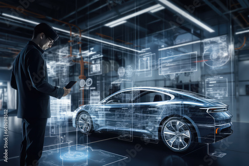 automotive Engineer use computer working on electric car on background
