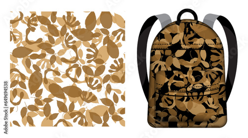 Children school backpack decorated black silhouettes of ash leaves seamless pattern. Autumn fallen leaves of ash tree. Vector ornament for design of posters and printing on textile