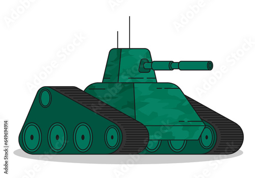 Protected army track tank with camouflage coloring and long barrel for firing projectiles at enemy. Heavy self propelled artillery equipment. Simple flat vector isolated on white background
