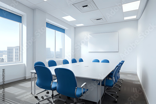 White and blue office meeting room with blank mockups. Side view