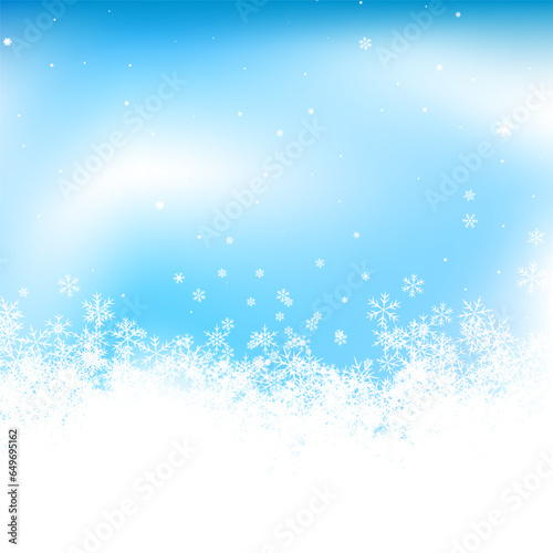 Winter blue square background with snowflakes and snowdrift. Festive wintertime template for winter new year party. Snowflakes of frosted winter weather and festive mood. Vector