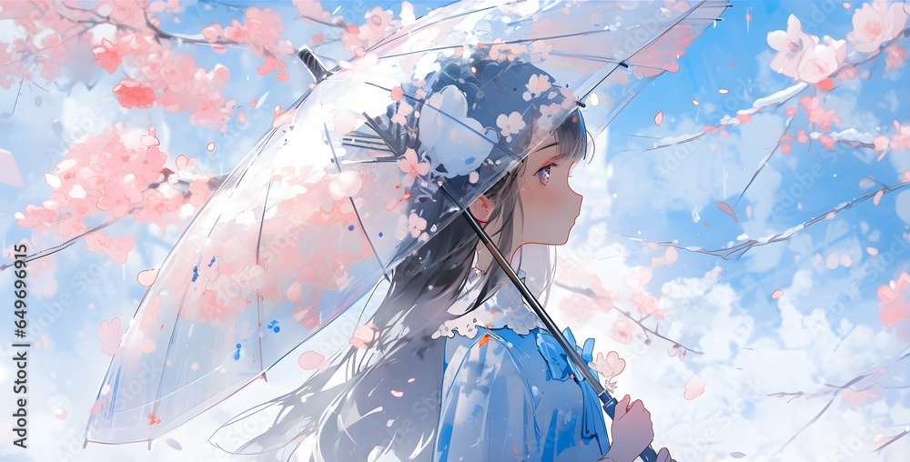 Fototapeta premium An cute anime girl carrying a and walking across a cherry blossom pink sakura. Anime Style