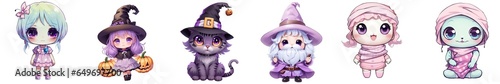 Halloween Cute Pastel Kawaii Cat Witch Wizard Happy Halloween Printable PNGs