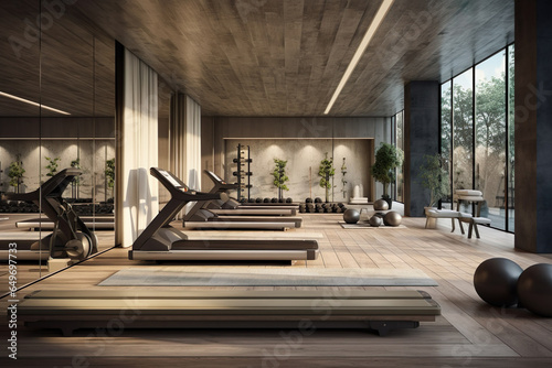 Modern gym interior with sport and fitness equipment, fitness center inteior, inteior of crossfit and workout gym, Generative AI photo