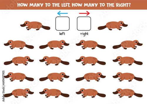 Left or right with cute cartoon platypus. Logical worksheet for preschoolers.