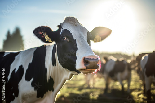 Cows with smart collar in modern farm livestock animal with sunlight