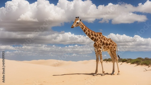 One Giraffe (Giraffa camelopardalis) walking on a sand dune with clouds, South Africa.