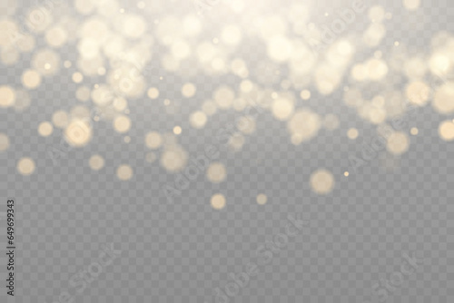 Golden dust light. Bokeh light lights effect background. Abstract magic light dust effect. Christmas lights. Glowing flying dust.