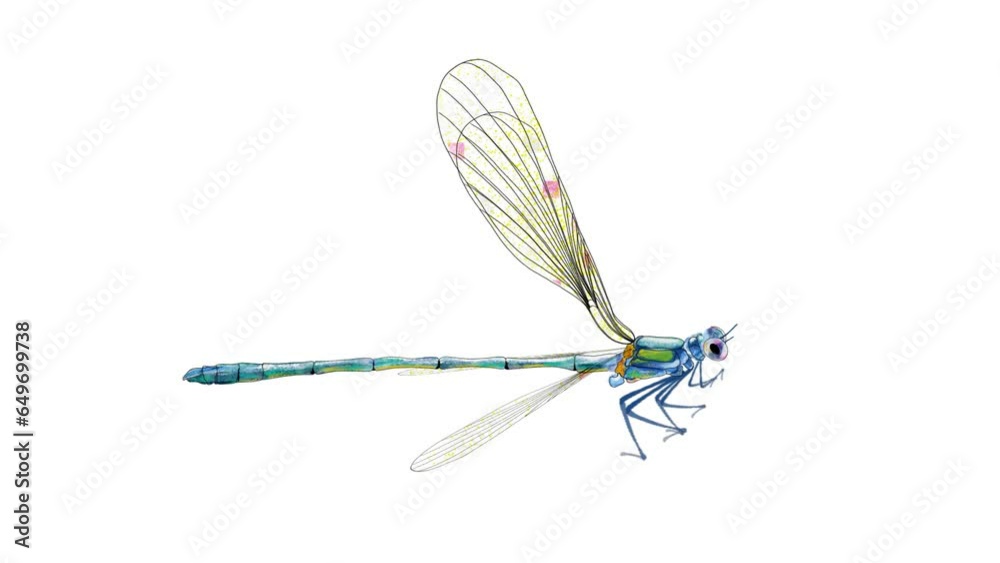looped watercolor drawing dragonfly animation for video collage, for web backgrounds, promotional posters, with alpha background