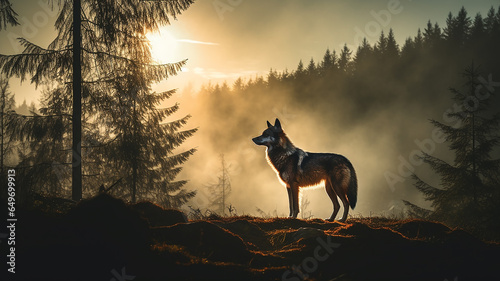 silhouette of a wolf in a misty autumn forest landscape view of wildlife © kichigin19