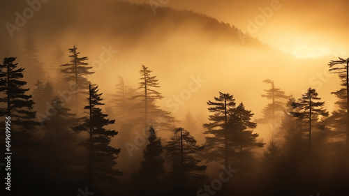 silhouettes of lonely pine trees in the autumn fog at sunset  freedom and silence of nature wild forest in sunset colors