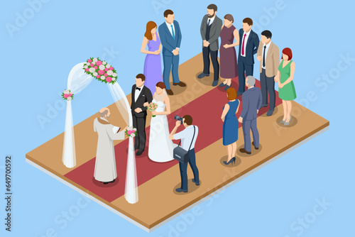 Isometric wedding arch decorated with flowers stands in the luxurious area of the wedding ceremony beautiful bride and groom in the wedding ceremony