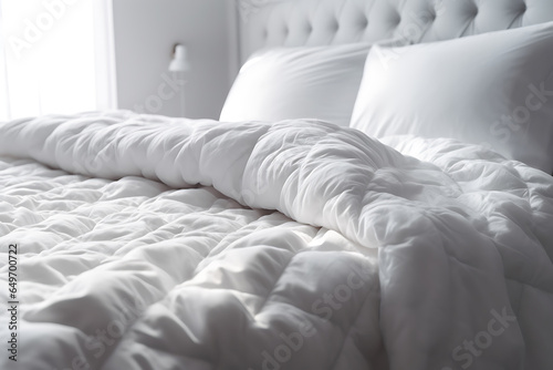 Comfortable bed with soft white mattress, blanket and pillows indoors