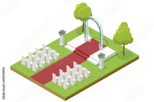 Isometric wedding arch decorated with flowers stands in the luxurious area of the wedding ceremony