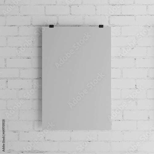 White Painted Brick Wall with Hanging Poster Print Mockup