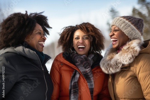 Middle-aged grown-up adult diverse cheerful women communicating with each other on a winter vacation. Mature female friendship concept