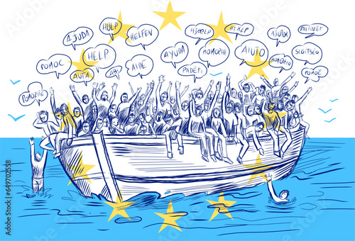 Refugees migration from Africa to Europe, Asylum Seeker. Vector hand drawn