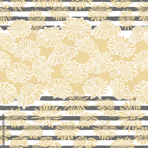 Vector pink daisies yellow stripes repeat pattern