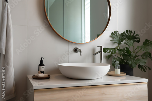 Stylish mirror with eucalyptus branches and vessel in bathroom photo