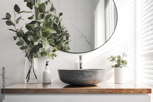 Stylish mirror with eucalyptus branches and vessel in bathroom