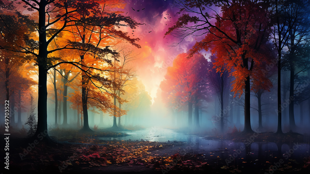 a row of colorful trees in a fantastic landscape of the forest rainbow spectrum autumn in a fairy tale