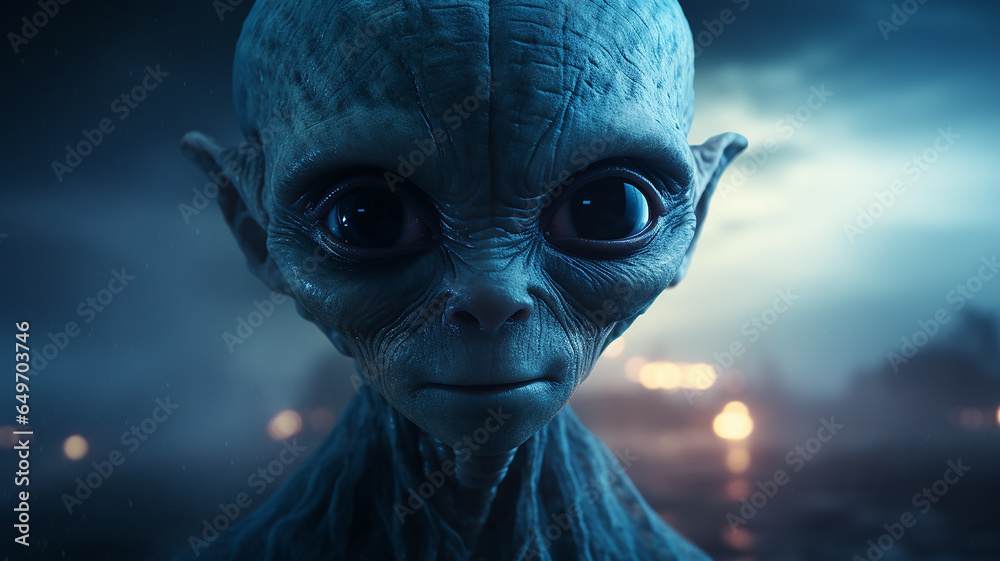portrait of an alien with big eyes on a foggy blurry background futuristic science person portrait of an alien with big eyes on a foggy blurry background futuristic science person