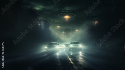 alien visit, flying UFO saucer lands in mysterious atmosphere of night fog