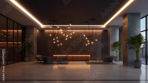 Large reception lobby with lights and plants in minimalism style