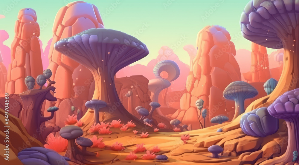 Fantasy landscape with magic glowing mushrooms and plants. Flat cartoon ...