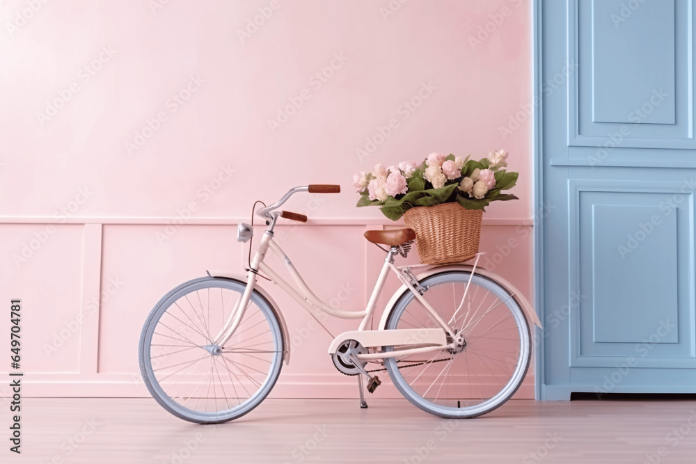Cute bike with flower basket is front of a pastel pink wall
