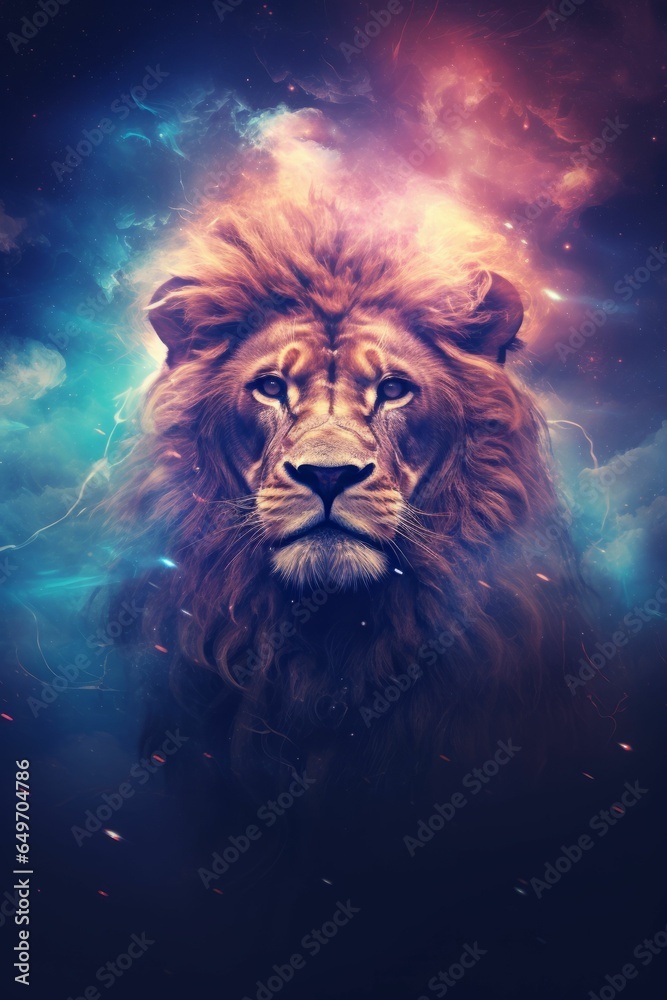 AI generated illustration of a lion surrounded by a beautiful nebula illuminated in a deep sky