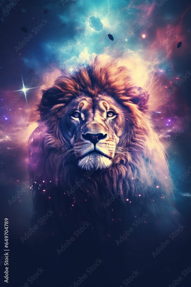 AI generated illustration of a lion surrounded by a beautiful nebula illuminated in a deep sky