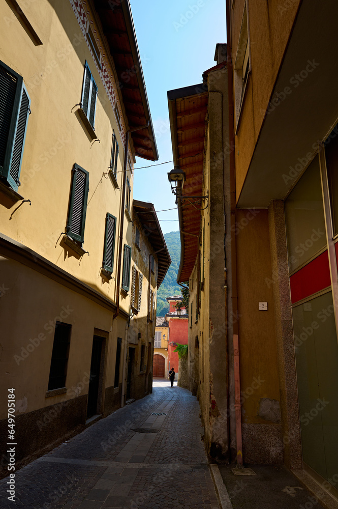 Italy, Lombardia, Canzo, narrow alley at historic old town. Street scene. Tourism. Adventure. Trip. Travel destination