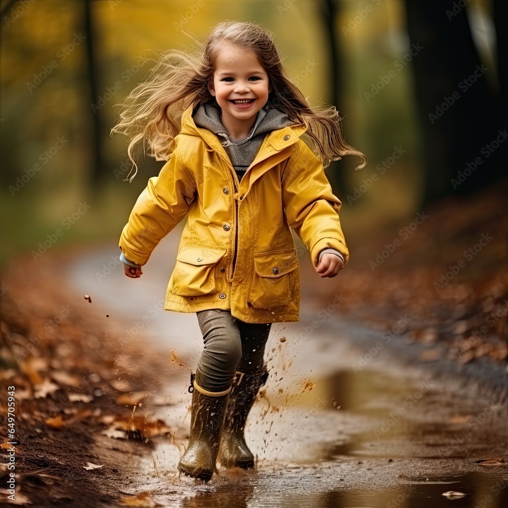 Joyful Kid in Yellow Raincoats and Boots Running Through Autumn Puddles. Generative AI Joyful Kid in Yellow Raincoats and Boots Running Through Autumn Puddles. Generative AI