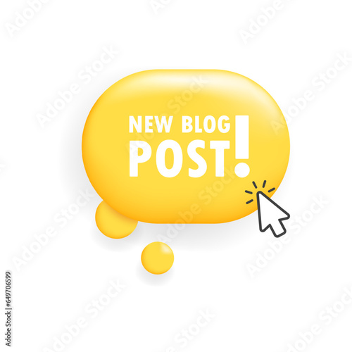 New blog post button. Flat, yellow, cursor on button, new blog post. Vector illustration