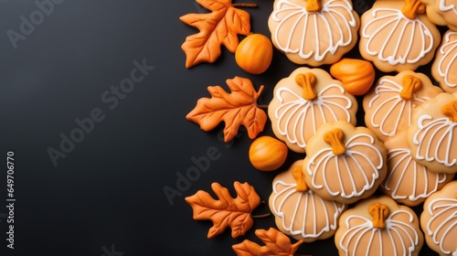 Homemade cookies in the shape of pumpkins and autumn leaves close up on a dark banner with copy space top view Halloween and Thanksgiving holiday food concept