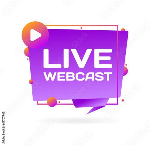 Live webcast sign. Flat, purple, live webcast, play button. Vector icon