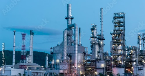 Oil refinery gas petrol plant industry with crude tank, gasoline supply and chemical factory. Petroleum barrel fuel heavy industry oil refinery manufacturing factory plant. Refinery industry concept