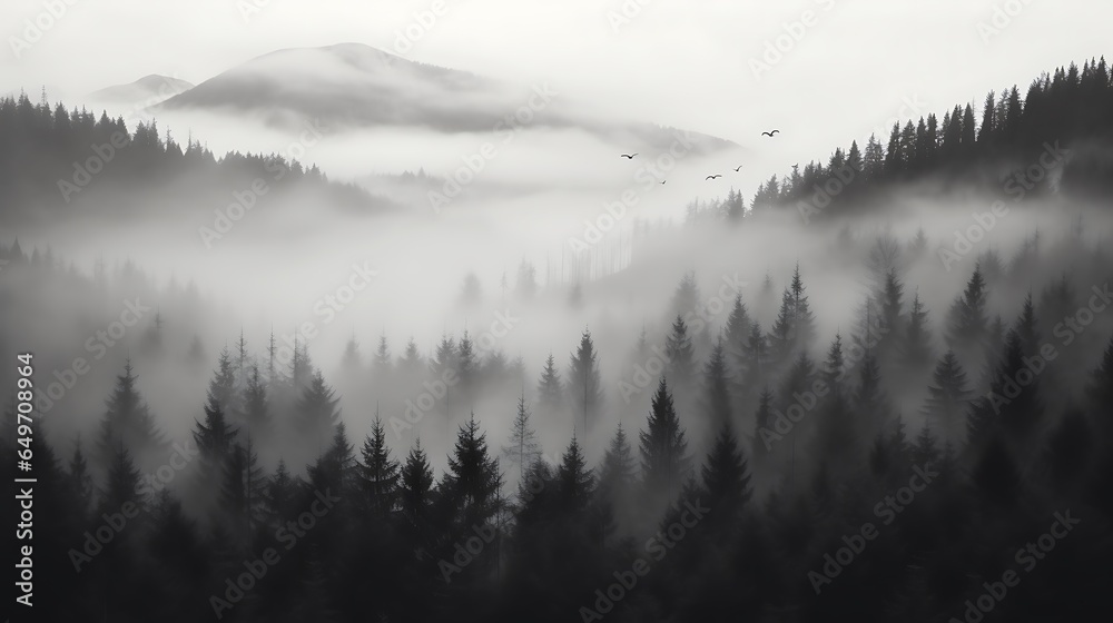 Pine forest in the valley on a foggy morning Fresh green atmosphere. Adventure outdoor nature mist fog clouds forest trees landscape background wild explore - obrazy, fototapety, plakaty 