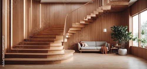 This unusual corridor has a wooden staircase and lined panelled walls. The interior design s exquisite details elevate the minimalist look  creating a place.