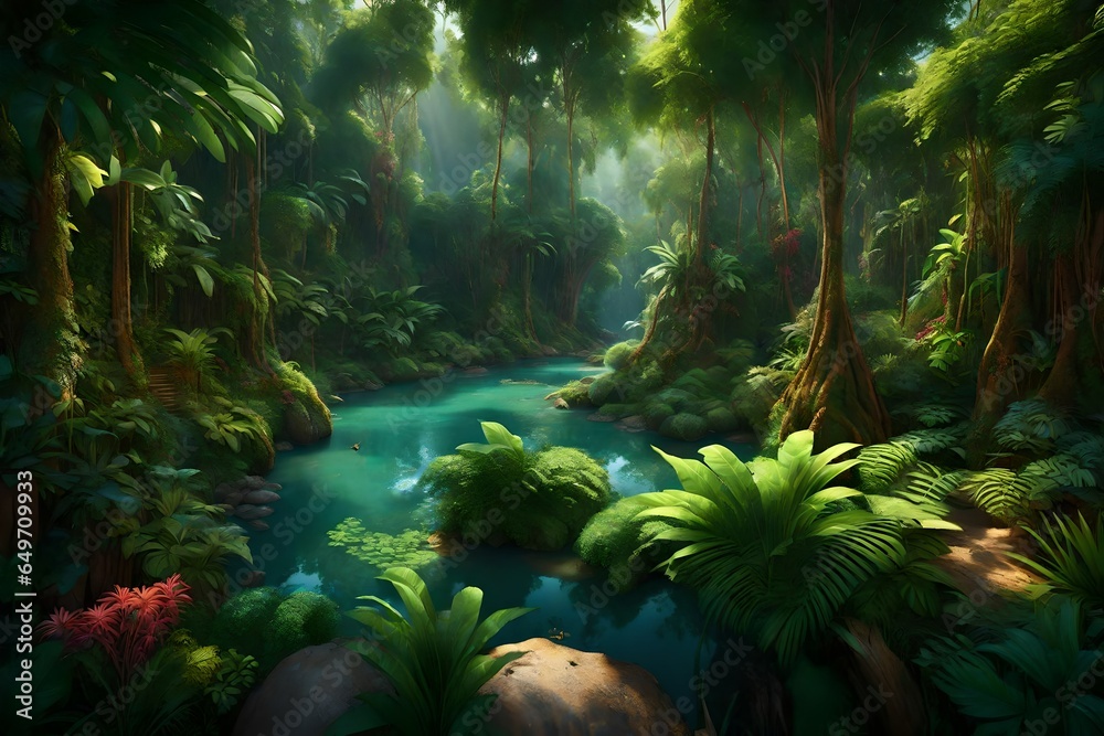 Create a 3D-rendered image of a hidden waterfall deep within the Southeast Asian jungle in the heat of August. Show the waterfall cascading into a pool surrounded by dense vegetation. Emphasize the mi