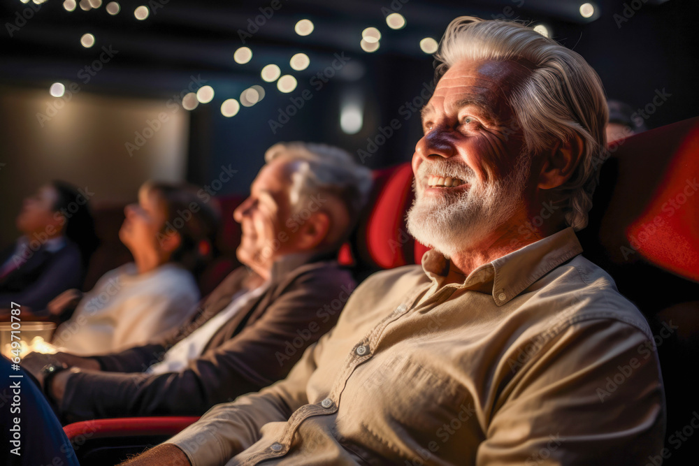 Seniors watching movie in the cinema. - obrazy, fototapety, plakaty 