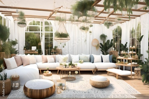 Design a 3D-rendered scene of a gender-neutral garden party in a bohemian style for twins' baby shower. Highlight a beautiful canopy bed draped with sheer fabrics and soft cushions amidst a garden fil