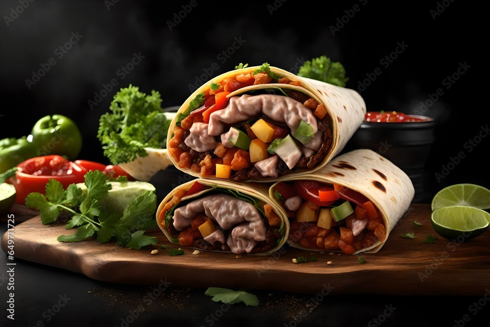 Produce an appetizing 3D-rendered image of a beef burrito cut in half ...