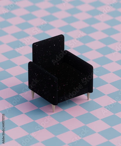 Space Chair. Black magic chair in the room. Cartoon room with armchair. 3d render, 3d illustration.