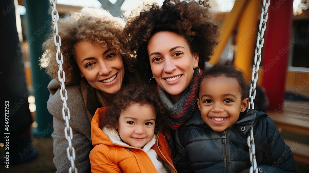 Multiracial lesbian couple with their kids playing at a swing created with Generative AI. Multiracial lesbian couple with their kids playing at a swing created with Generative AI.