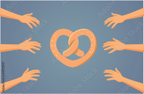 People Craving for a Pretzel Vector Cartoon Illustration Design. Hungry family reaching for traditional festive bakery product
