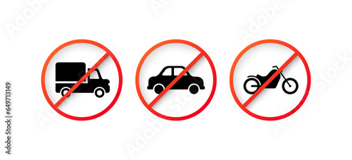 Driving is prohibited. Silhouette, black, red prohibitory stripe, driving a car or motorcycle is prohibited. Vector icons