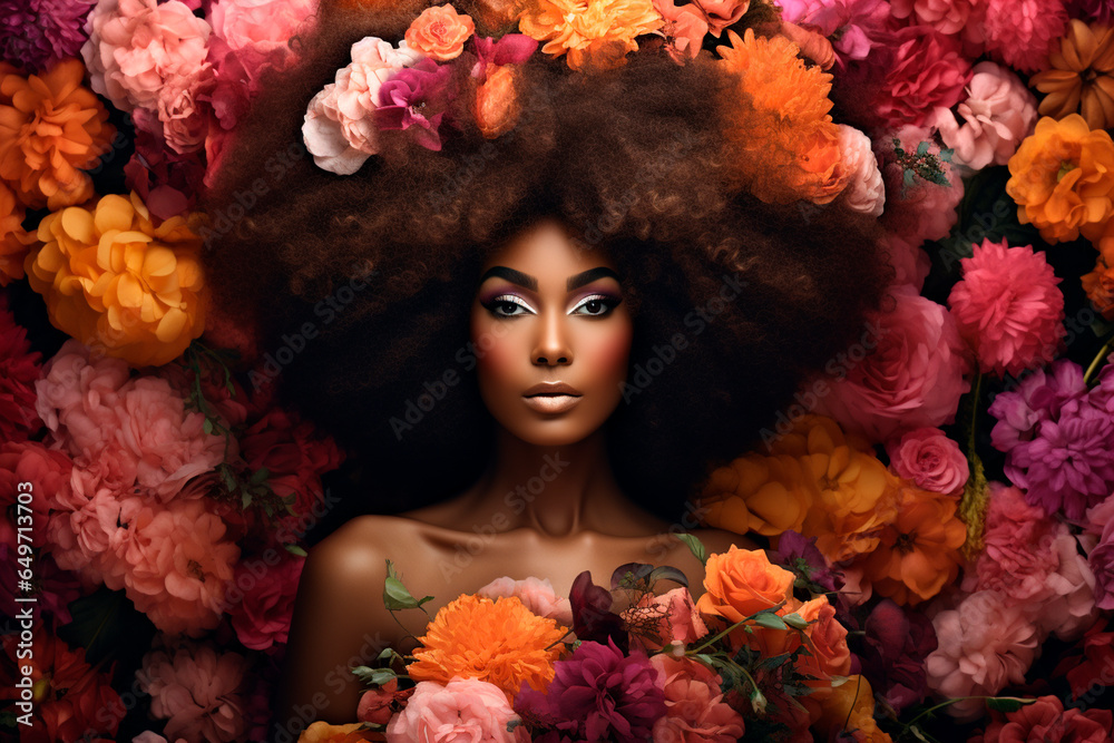 Stunning afrowoman covered with beautiful flowers , close up Stunning afrowoman covered with beautiful flowers , close up