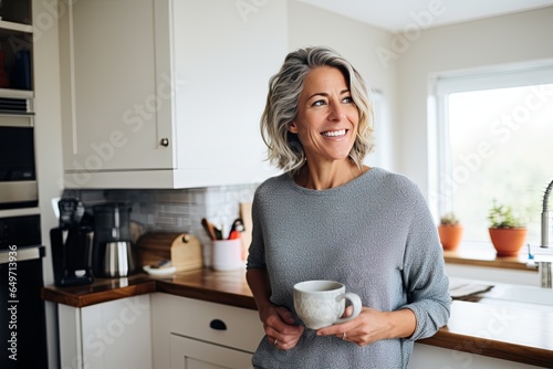 old elegance senior adult woman pleasure moment time drink hot tea coffee in the kitchen morning time at home